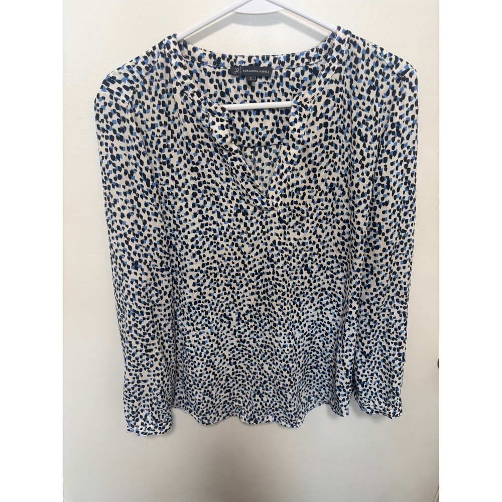 Adrianna Papell Blue Black Abstract Dot Print V-Neck Long Sleeve Blouse Medium